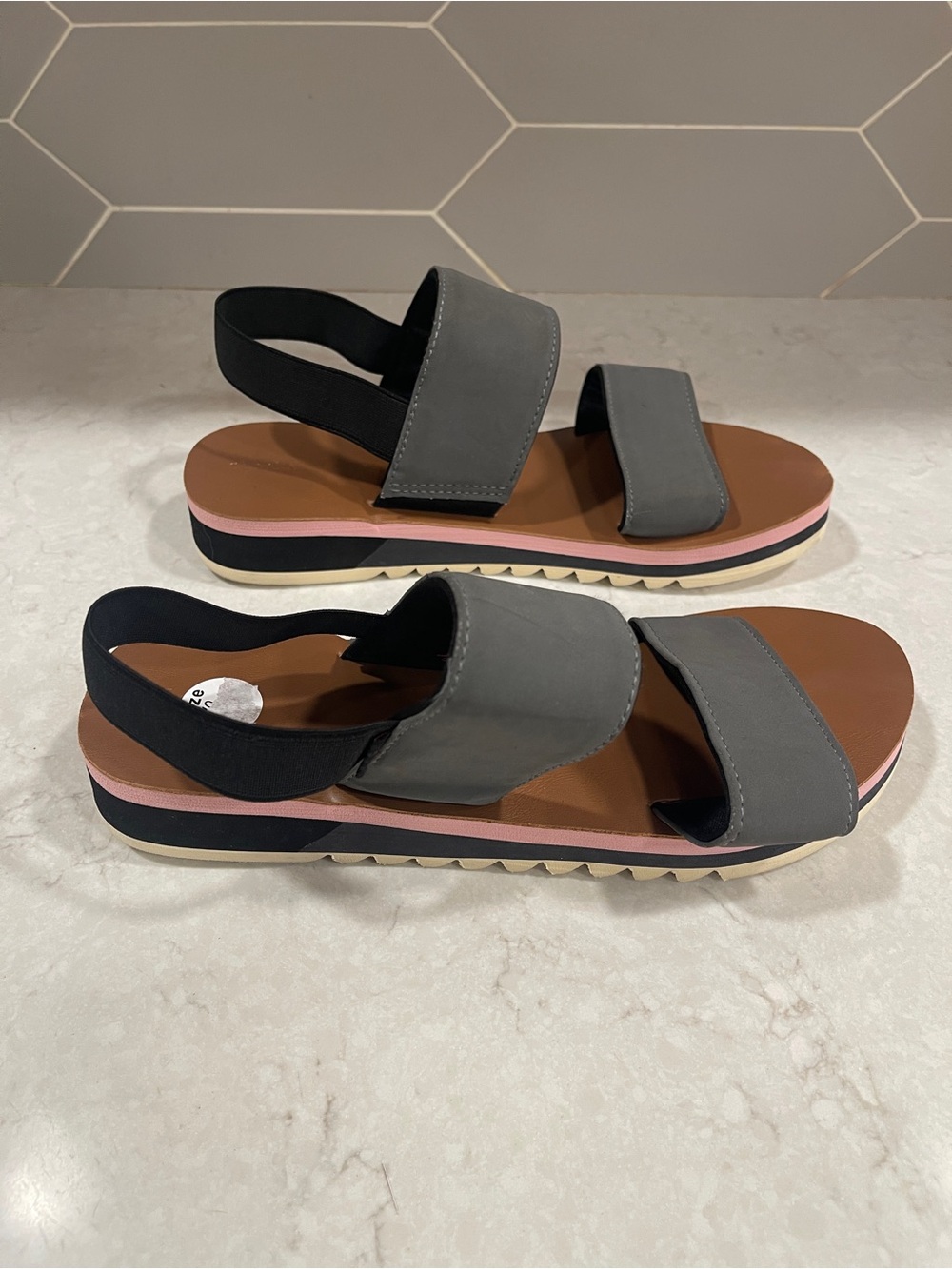 chooka Gray Green and Brown Two-Strap Slingback Sandals, Boho, Soft, Summer - Picture 3 of 5